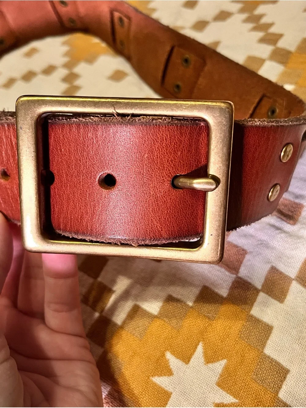 Lucky Brand brown woven leather studded belt men’s size 32 chunky brass buckle